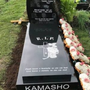 Memorial headstones for African black British people. Laser etched black granite kerb
